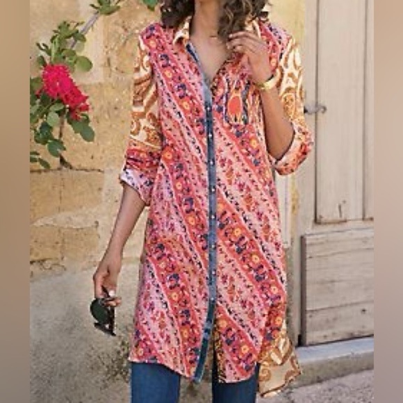 Soft Surrounding Brynn Button Tunic Shirt Floral Paisley Silk Velvet Trim - Picture 1 of 10